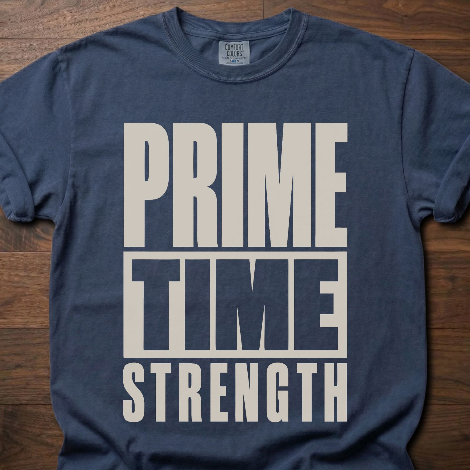 Prime-Time Strength gym lifestyle shirt with bold stacked block letter typography – Navy