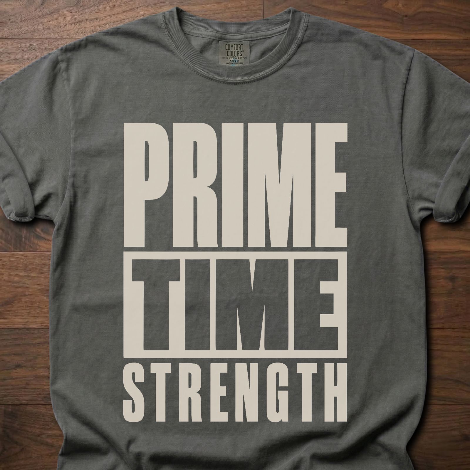 Prime-Time Strength gym lifestyle shirt with bold stacked block letter typography – Pepper