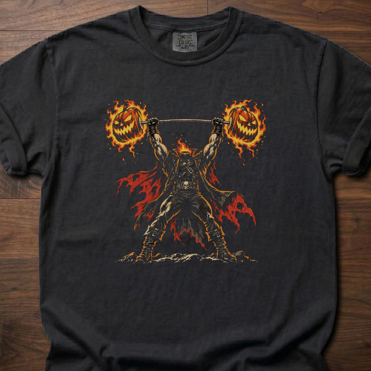 Pumpkin Press funny gym shirt with fiery vintage horror-style lifting graphic – Black