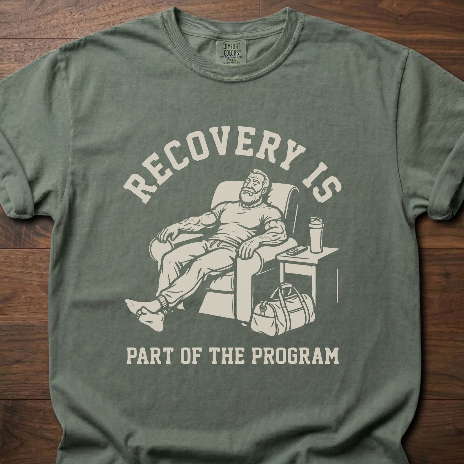 Recovery Is fitness lifestyle apparel featuring relaxed athlete in recliner with gym bag – Moss