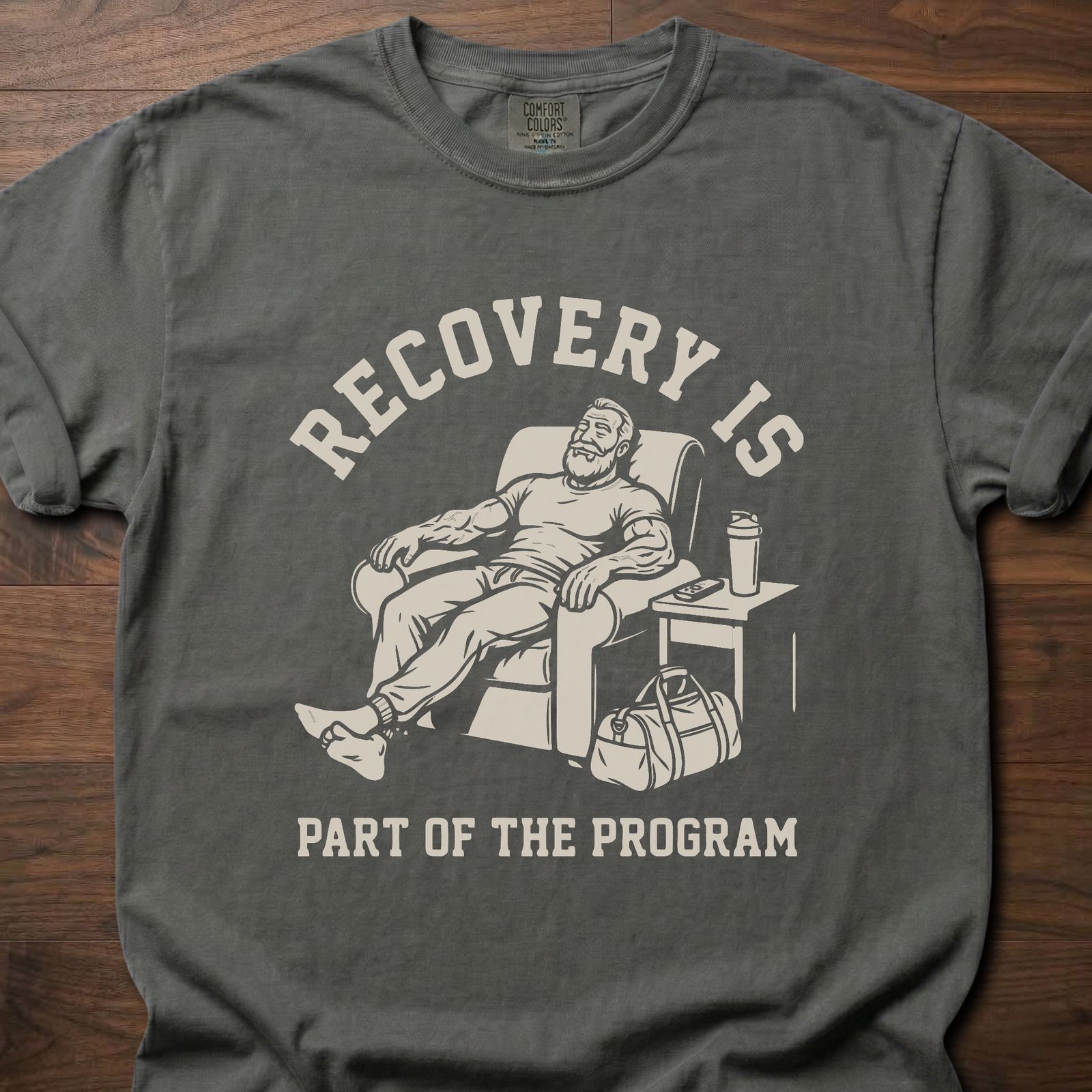 Recovery Is fitness lifestyle apparel featuring relaxed athlete in recliner with gym bag – Pepper