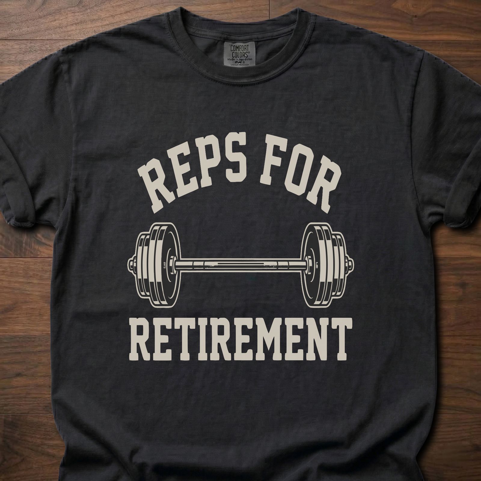 Reps For Retirement gym lifestyle shirts featuring dumbbell graphic and motivational text – Black
