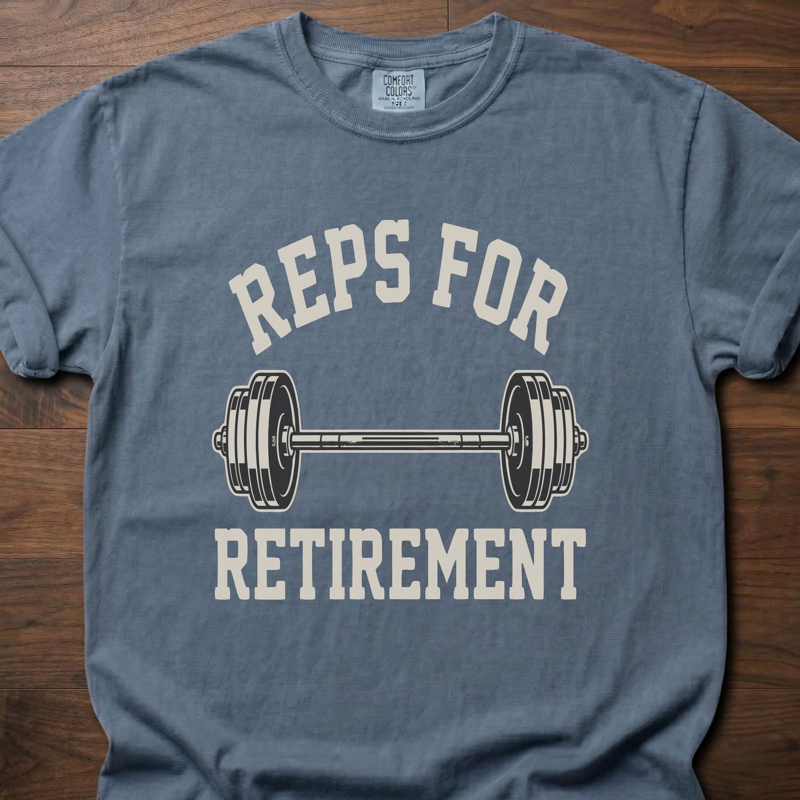 Reps For Retirement gym lifestyle shirts featuring dumbbell graphic and motivational text – Blue Jean