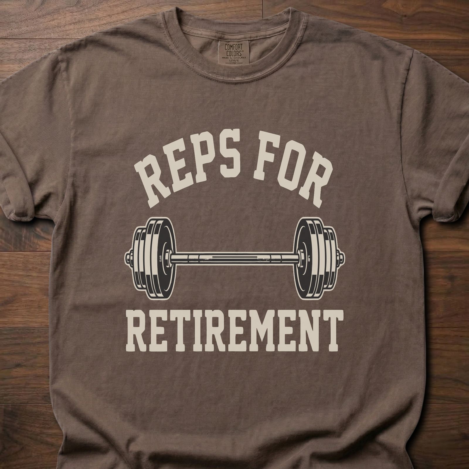 Reps For Retirement gym lifestyle shirts featuring dumbbell graphic and motivational text – Espresso