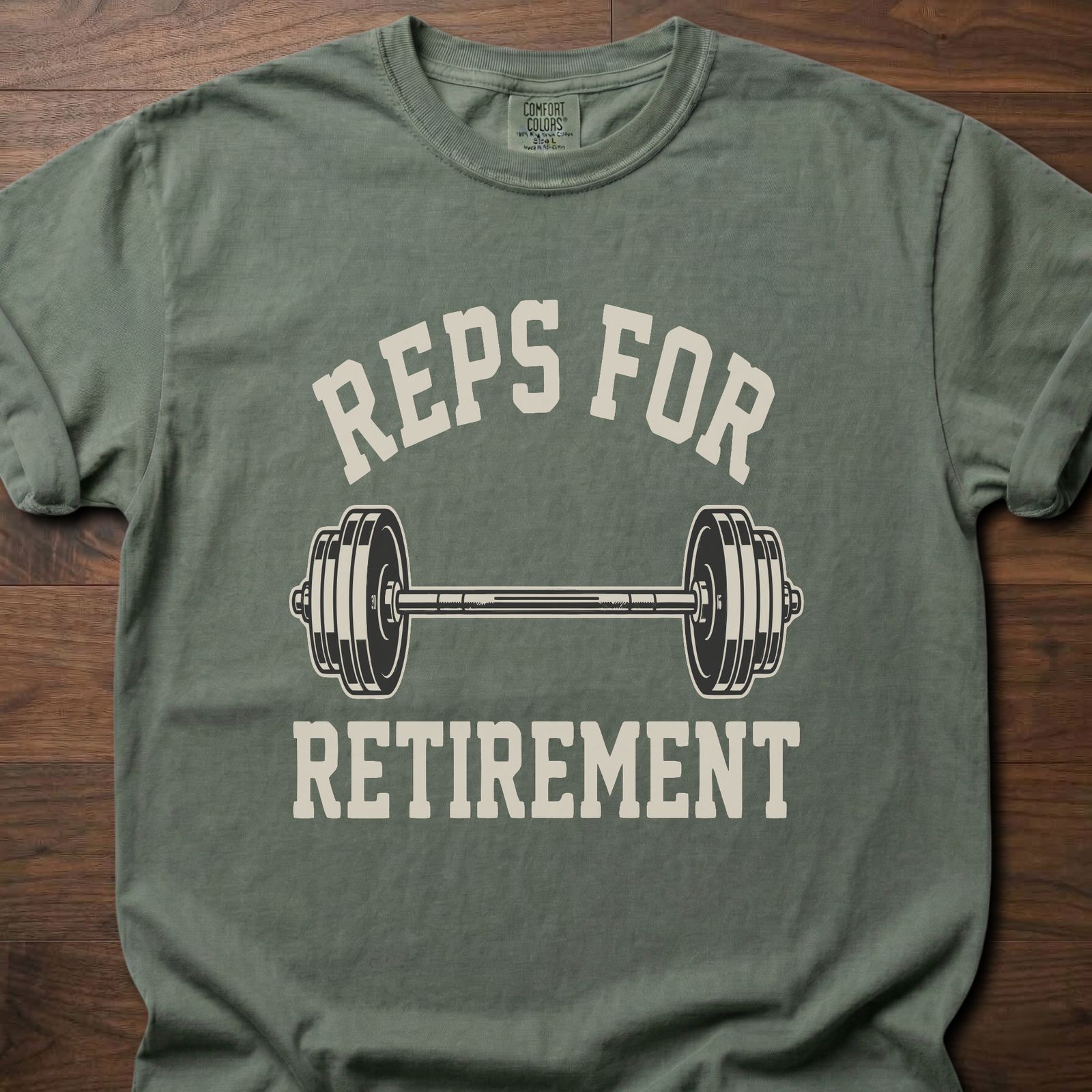Reps For Retirement gym lifestyle shirts featuring dumbbell graphic and motivational text – Moss