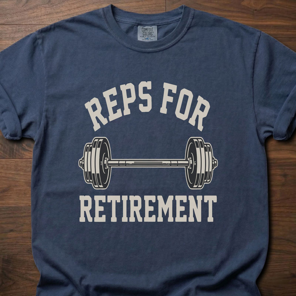 Reps For Retirement gym lifestyle shirts featuring dumbbell graphic and motivational text – Navy
