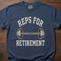 Reps For Retirement gym lifestyle shirts featuring dumbbell graphic and motivational text – Navy