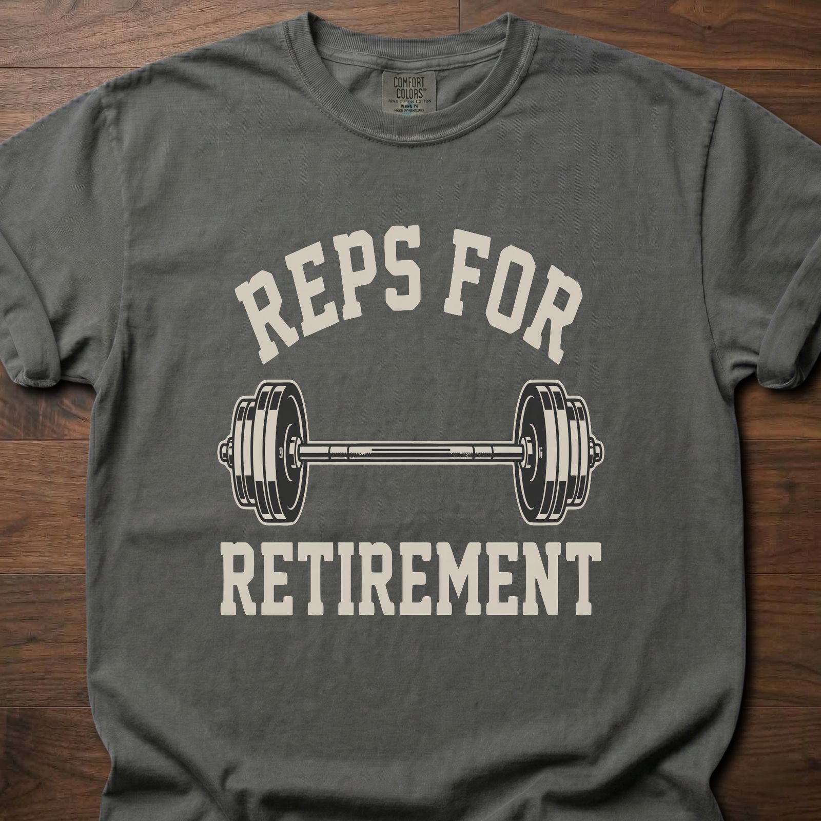 Reps For Retirement gym lifestyle shirts featuring dumbbell graphic and motivational text – Pepper