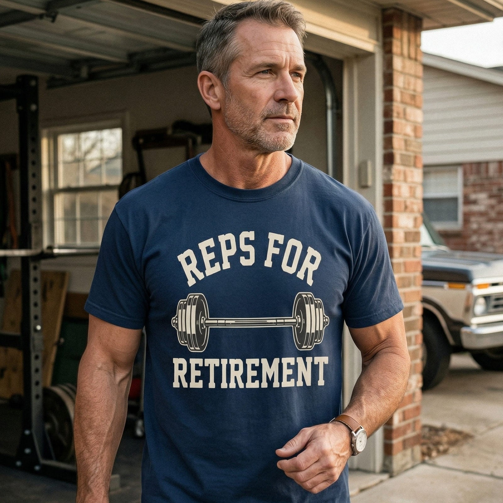 Man wearing a navy blue t-shirt with 'Reps for Retirement' text and barbell graphic in a garage.