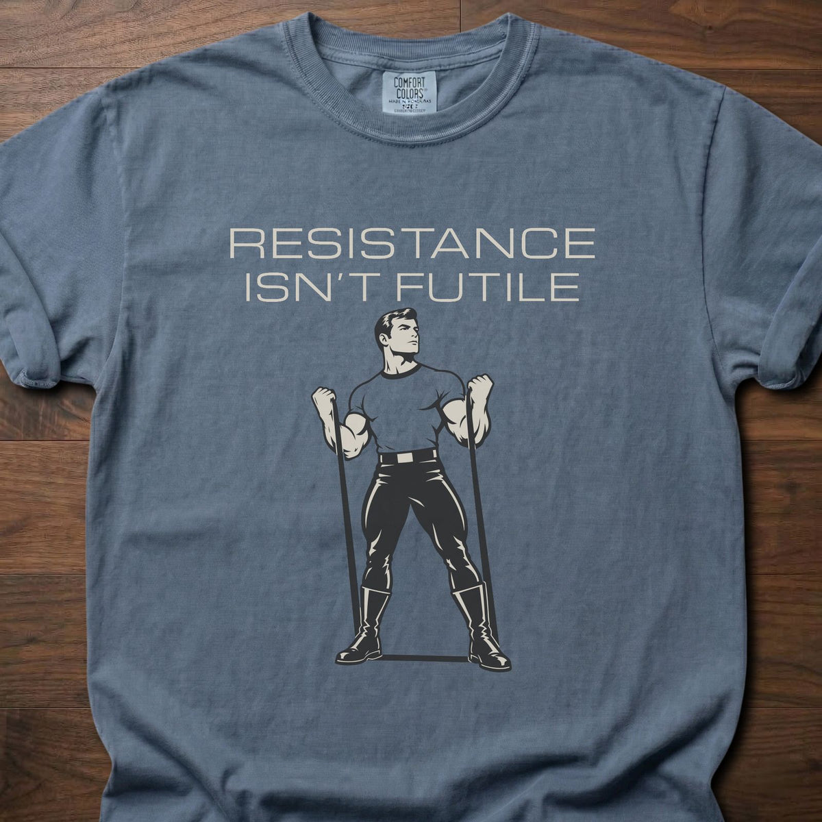 Resistance strength training t-shirt with retro-style illustrated figure graphic – Blue Jean