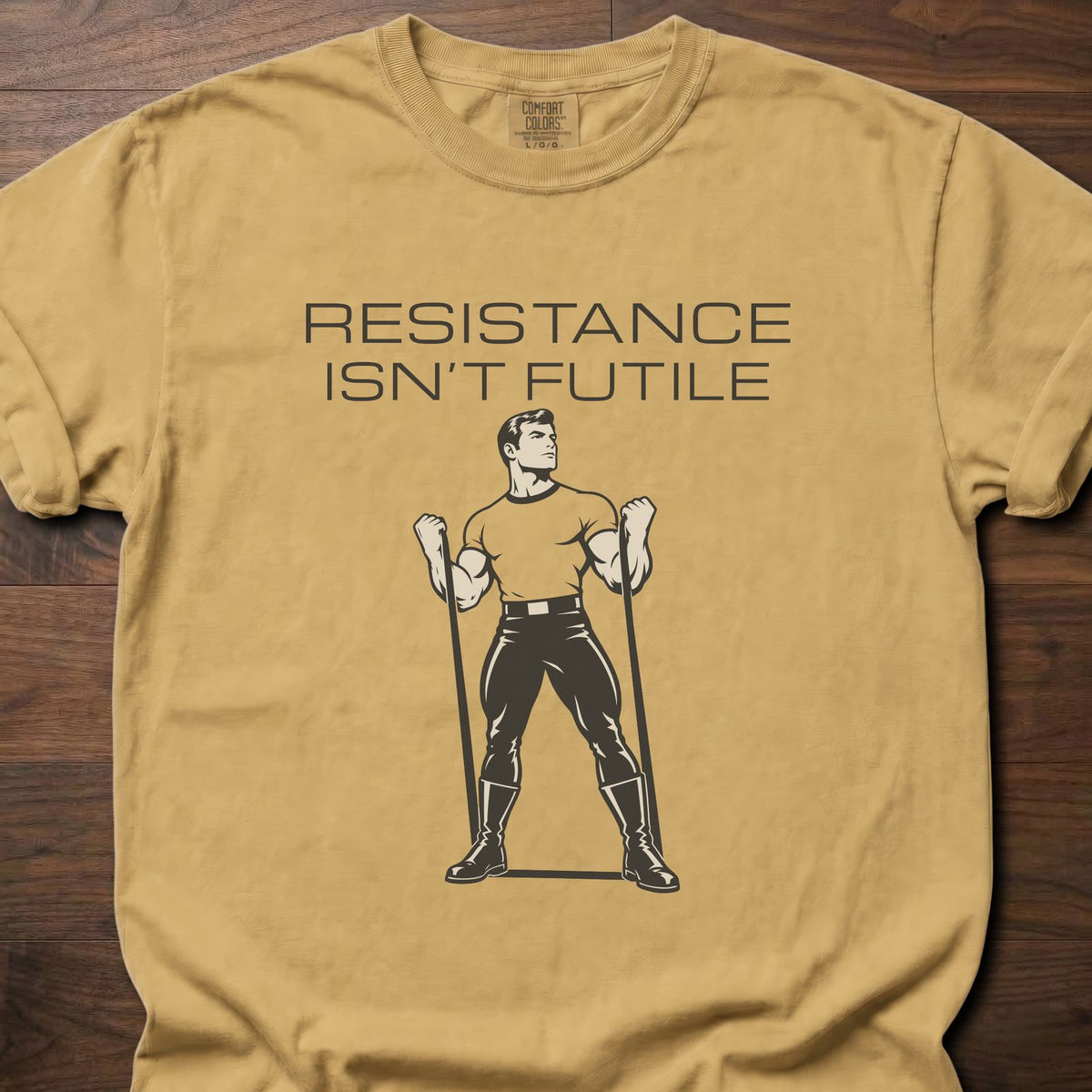 Resistance strength training t-shirt with retro-style illustrated figure graphic – Mustard