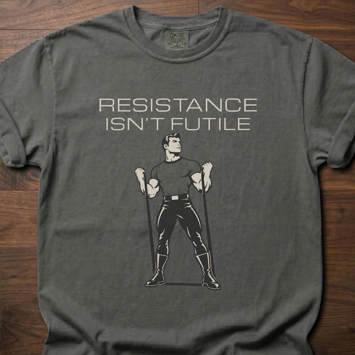 Resistance strength training t-shirt with retro-style illustrated figure graphic – Pepper