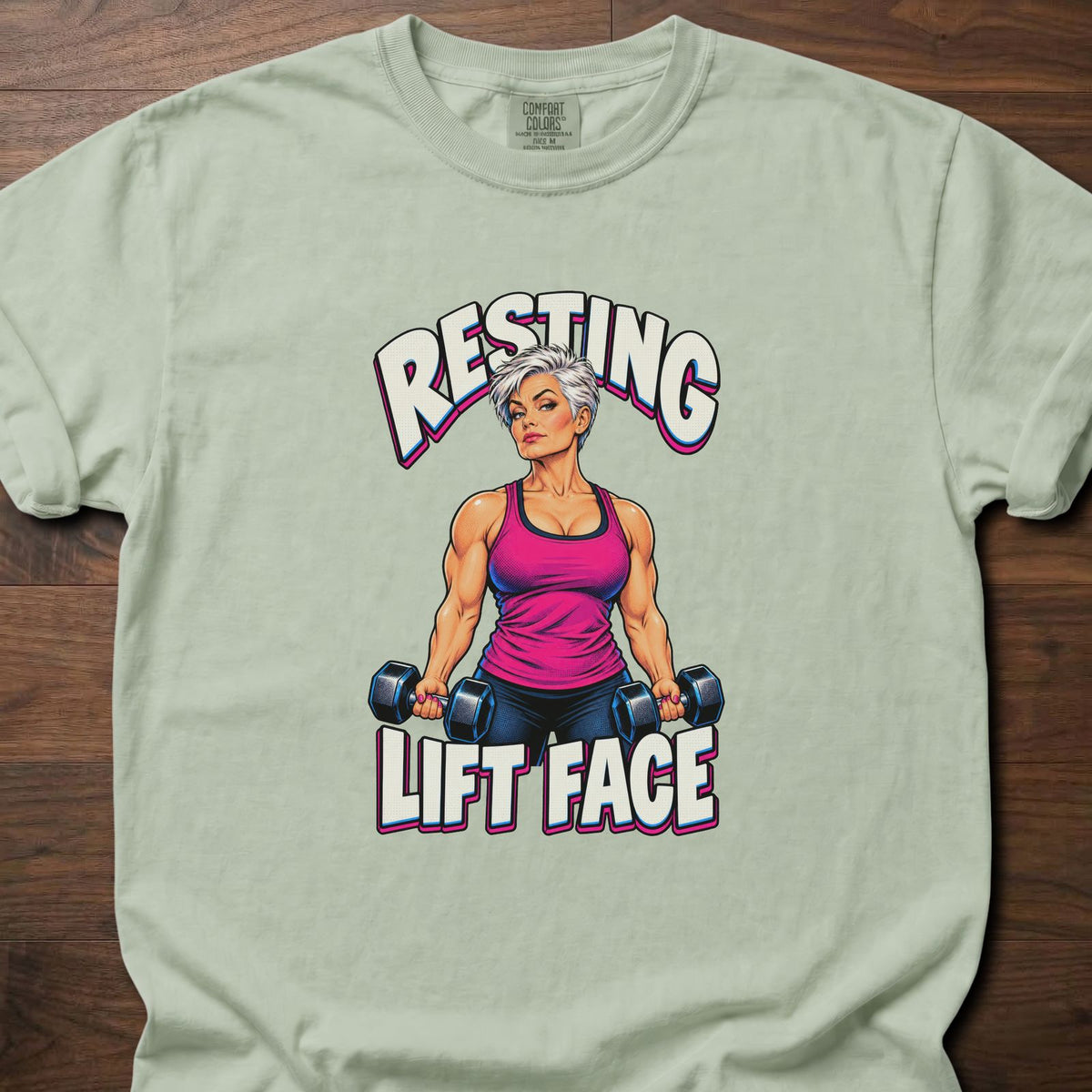Resting Lift Face funny gym shirt with bold retro comic-style strength graphic – Bay