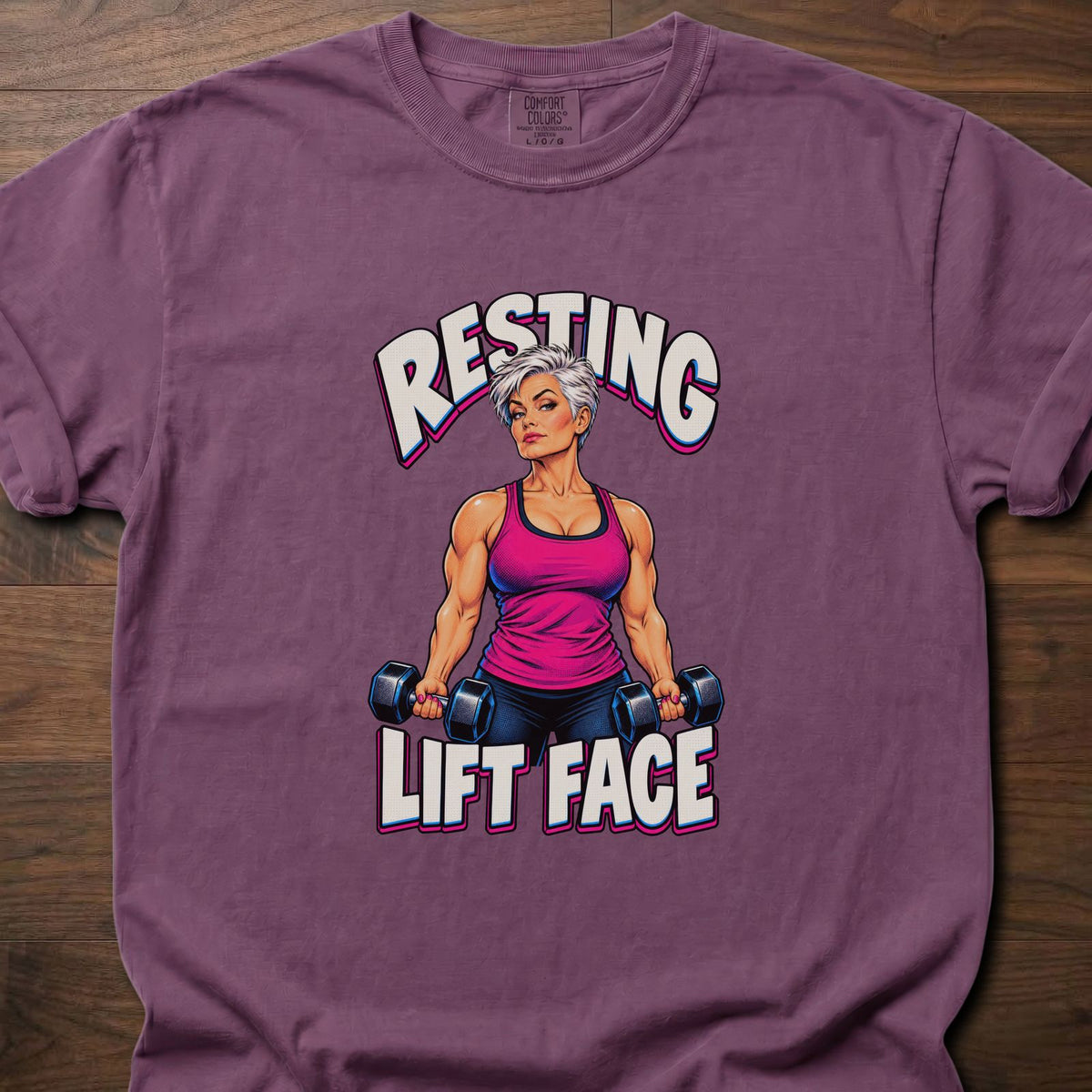 Resting Lift Face funny gym shirt with bold retro comic-style strength graphic – Berry