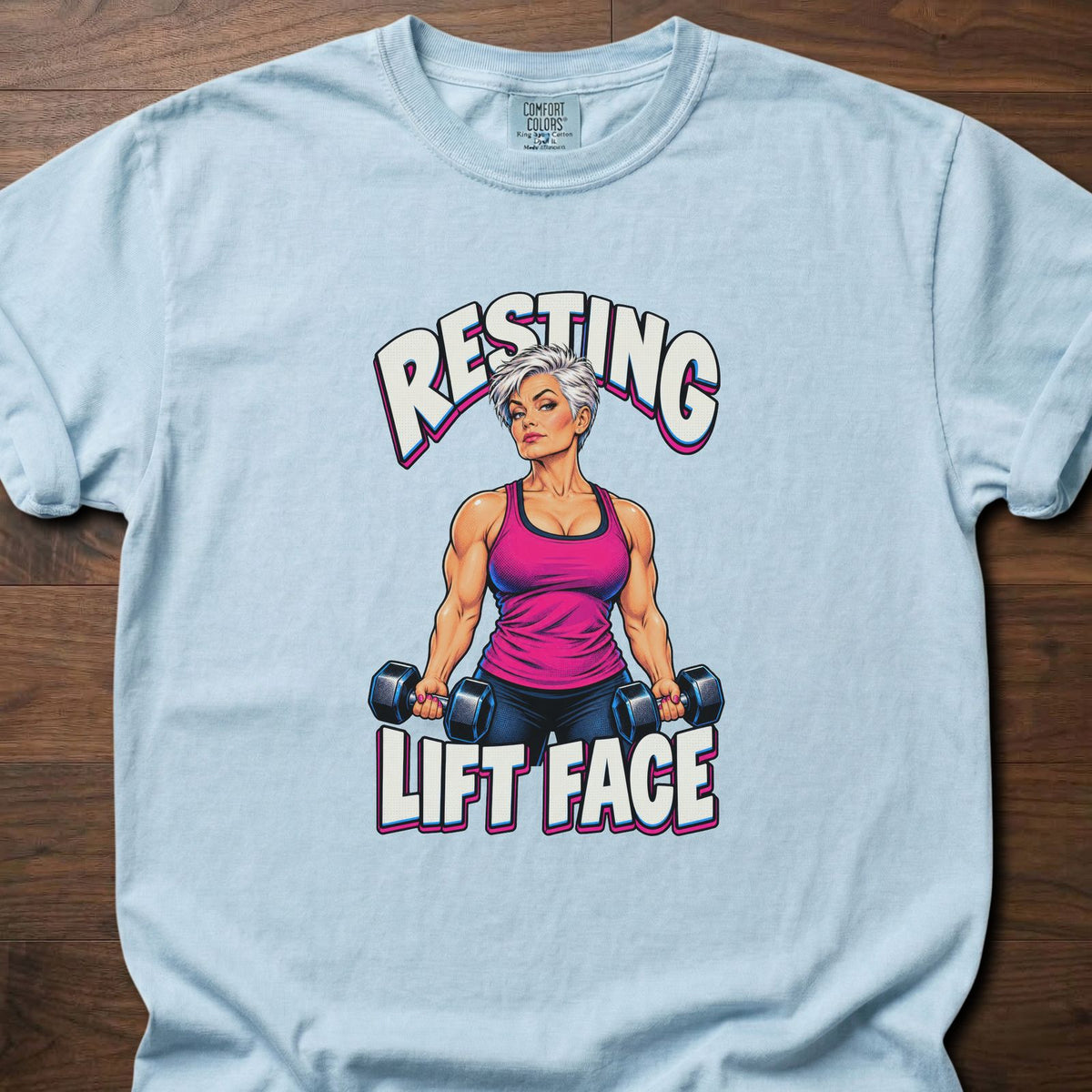 Resting Lift Face funny gym shirt with bold retro comic-style strength graphic – Chambray
