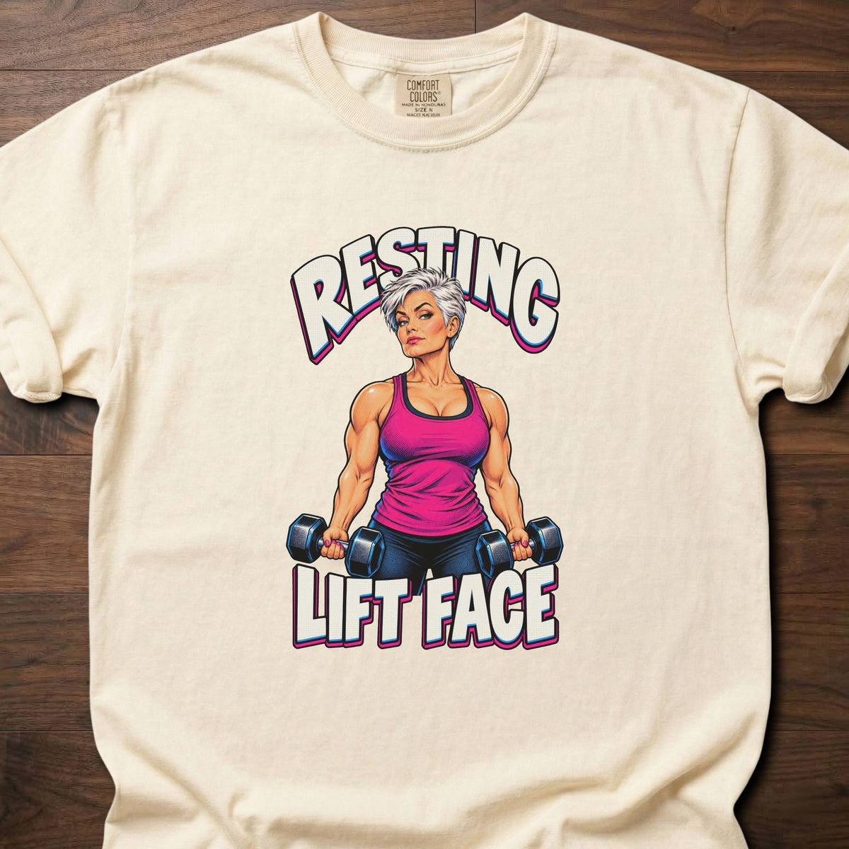 Resting Lift Face funny gym shirt with bold retro comic-style strength graphic – Ivory
