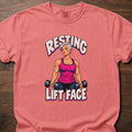 Resting Lift Face funny gym shirt with bold retro comic-style strength graphic – Watermelon