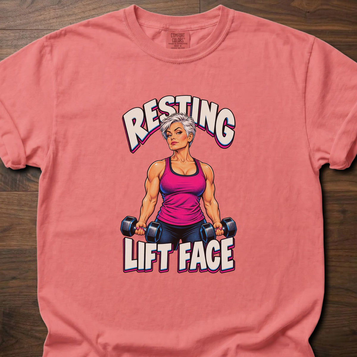 Resting Lift Face funny gym shirt with bold retro comic-style strength graphic – Watermelon