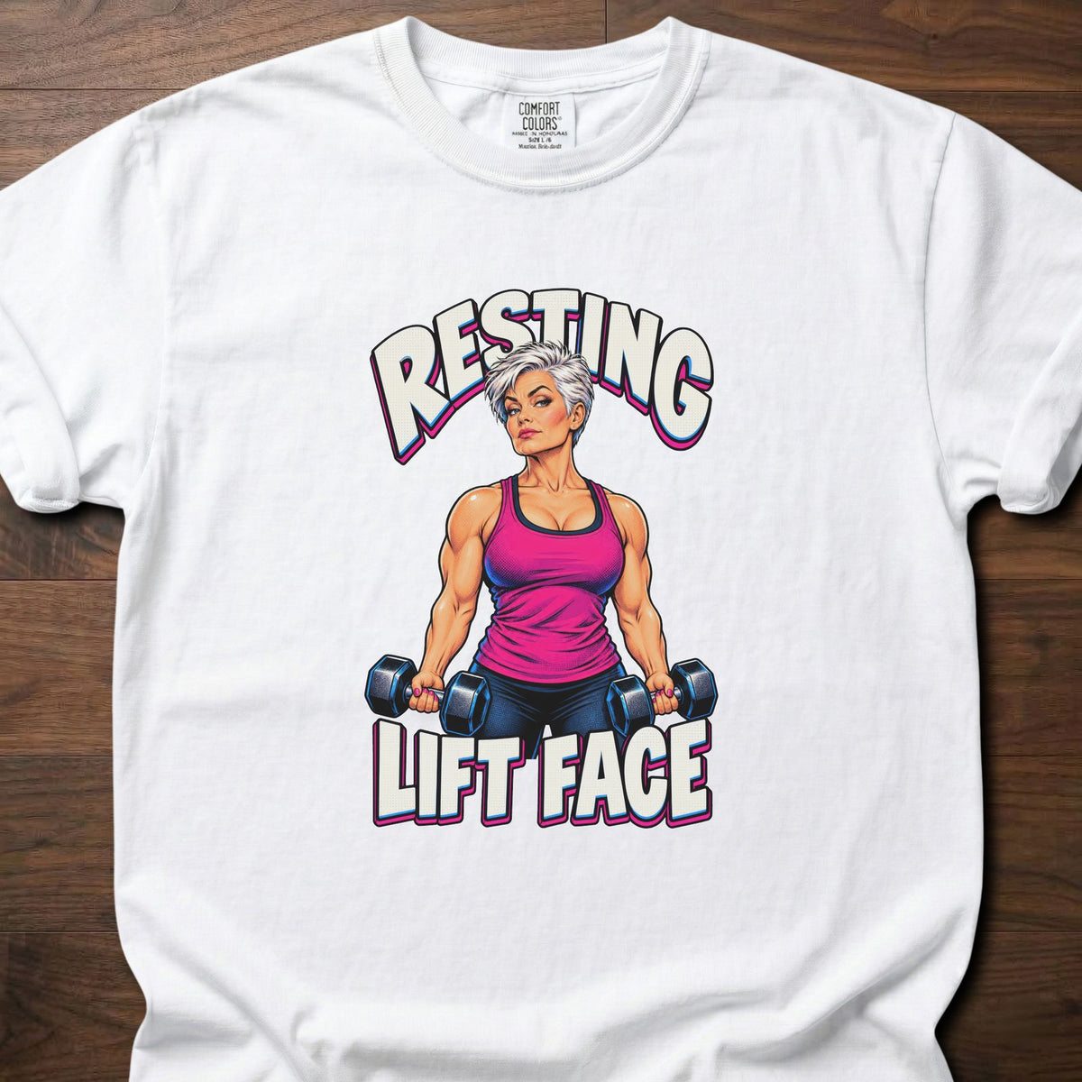 Resting Lift Face funny gym shirt with bold retro comic-style strength graphic – White