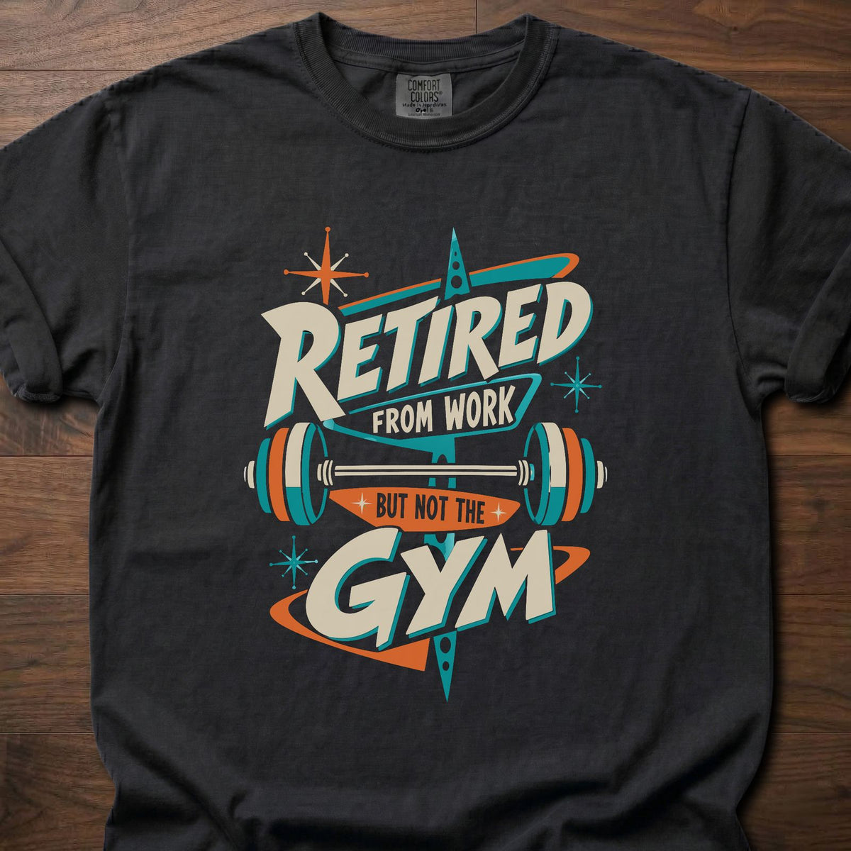 Retired From Work funny gym shirt with retro atomic-era typographic graphic – Black