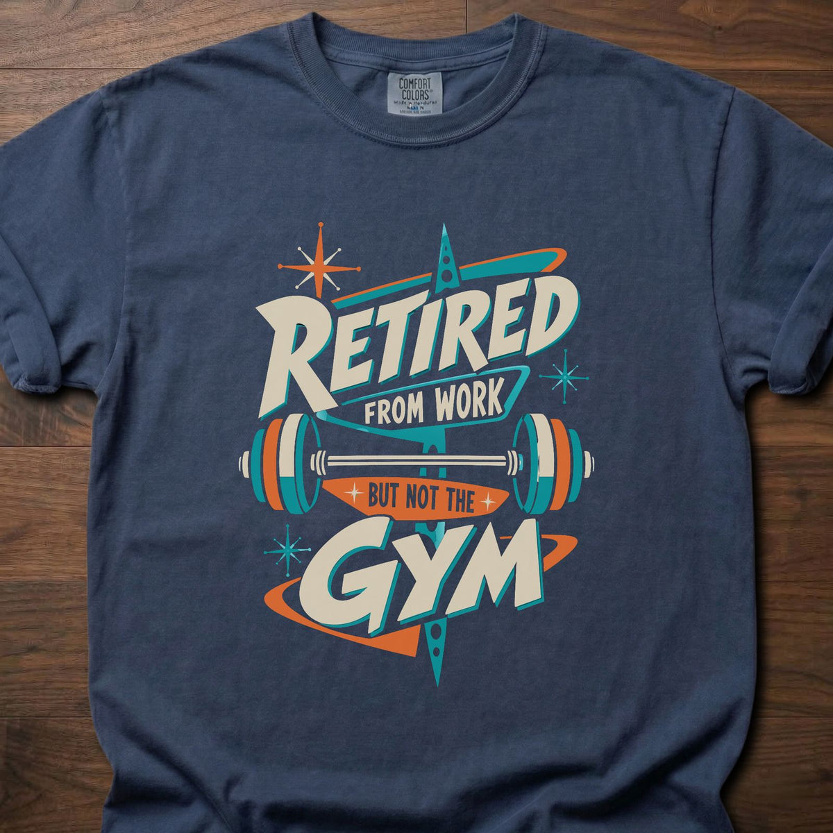 Retired From Work funny gym shirt with retro atomic-era typographic graphic – Navy