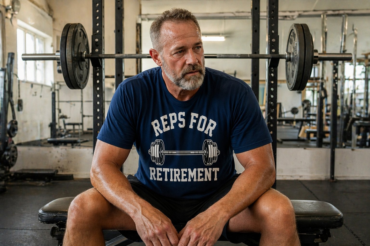 Man sitting on a weight bench in a gym wearing a shirt with 'Reps for Retirement' text.