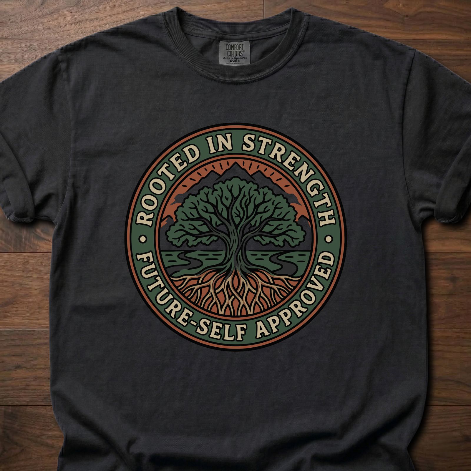 Rooted In Strength longevity fitness apparel featuring tree of life design with roots and branches – Black