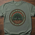 Rooted In Strength longevity fitness apparel featuring tree of life design with roots and branches – Moss