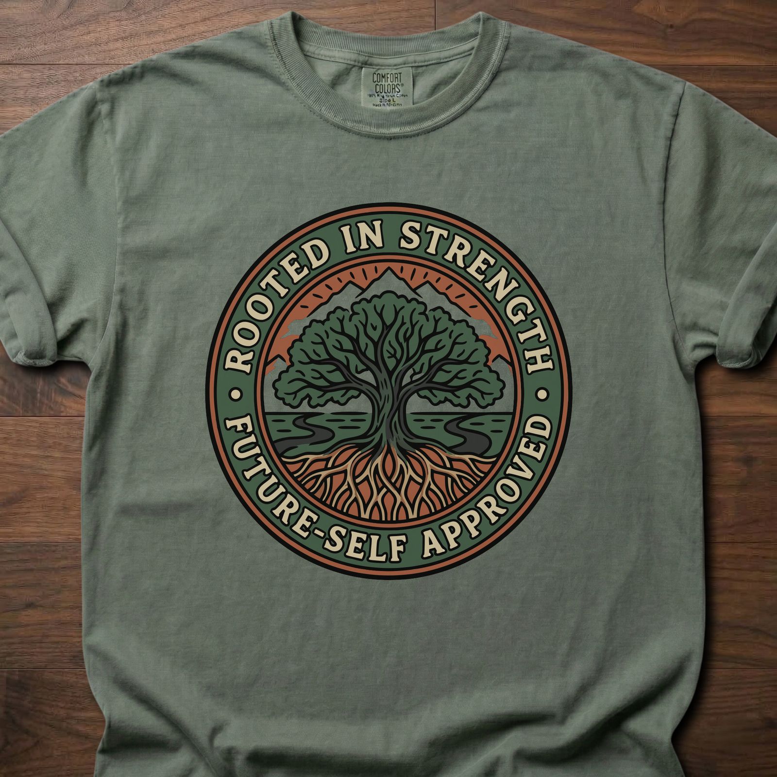Rooted In Strength longevity fitness apparel featuring tree of life design with roots and branches – Moss