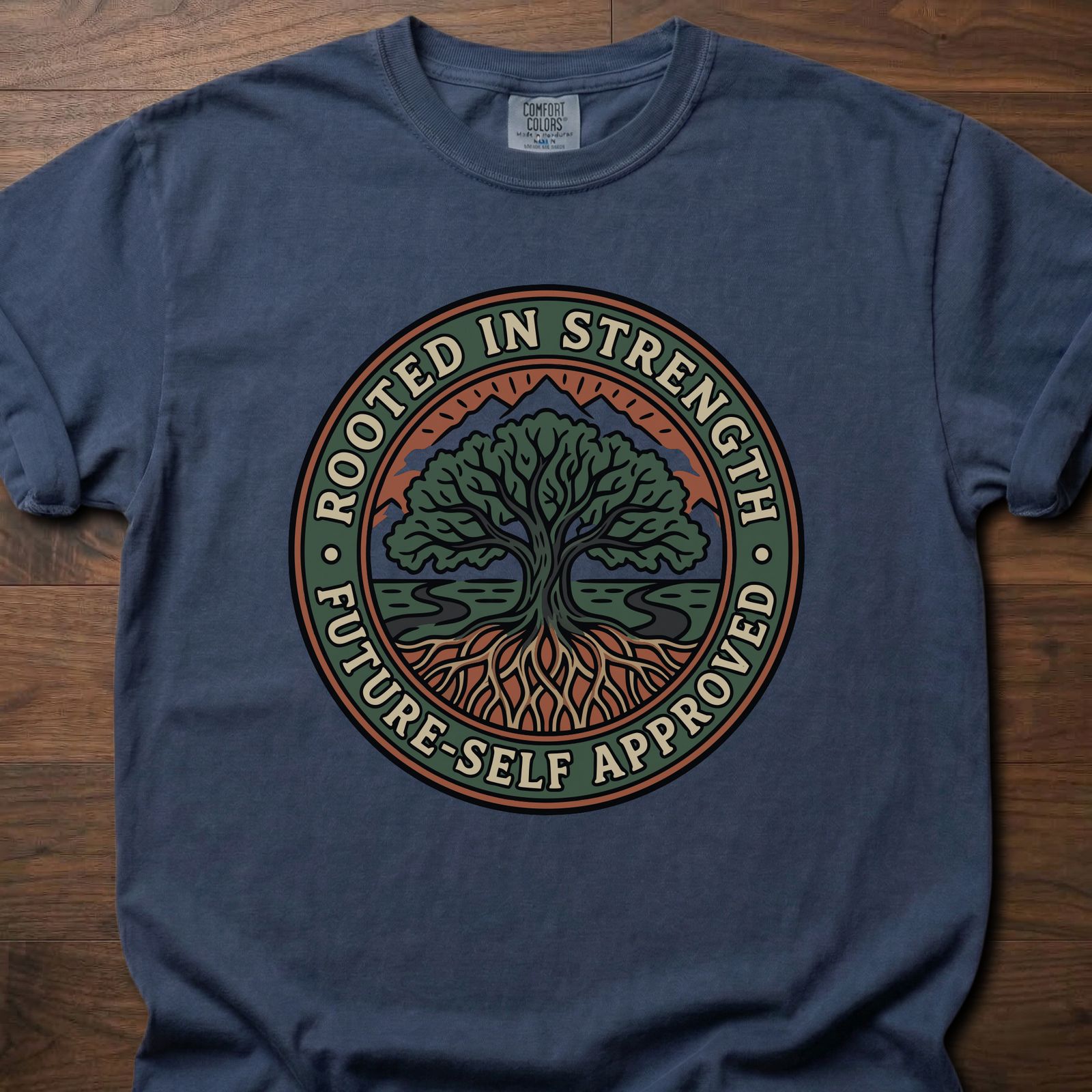 Rooted In Strength longevity fitness apparel featuring tree of life design with roots and branches – Navy