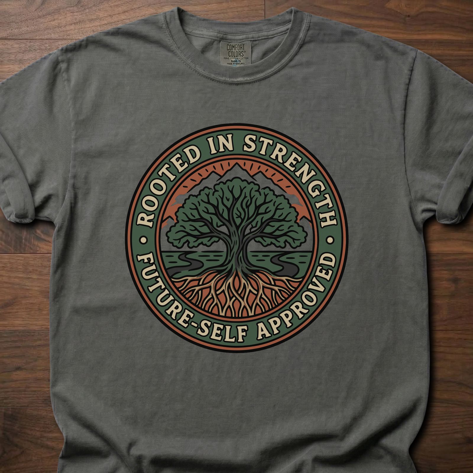 Rooted In Strength longevity fitness apparel featuring tree of life design with roots and branches – Pepper