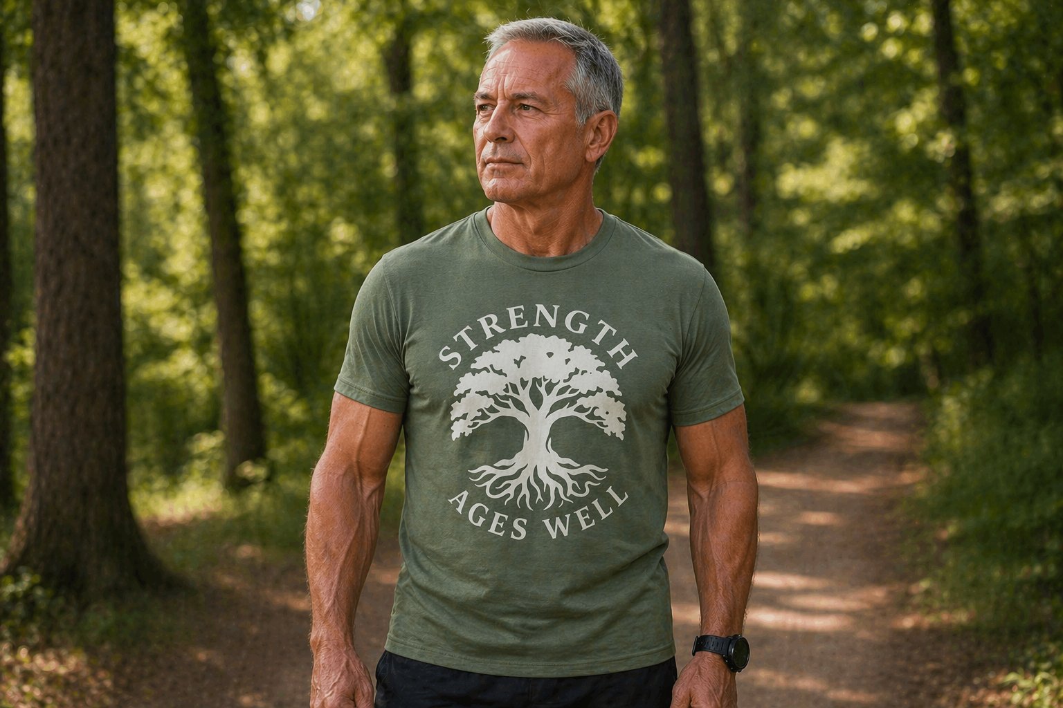 Man wearing a green t-shirt with a tree design and text in a forest setting