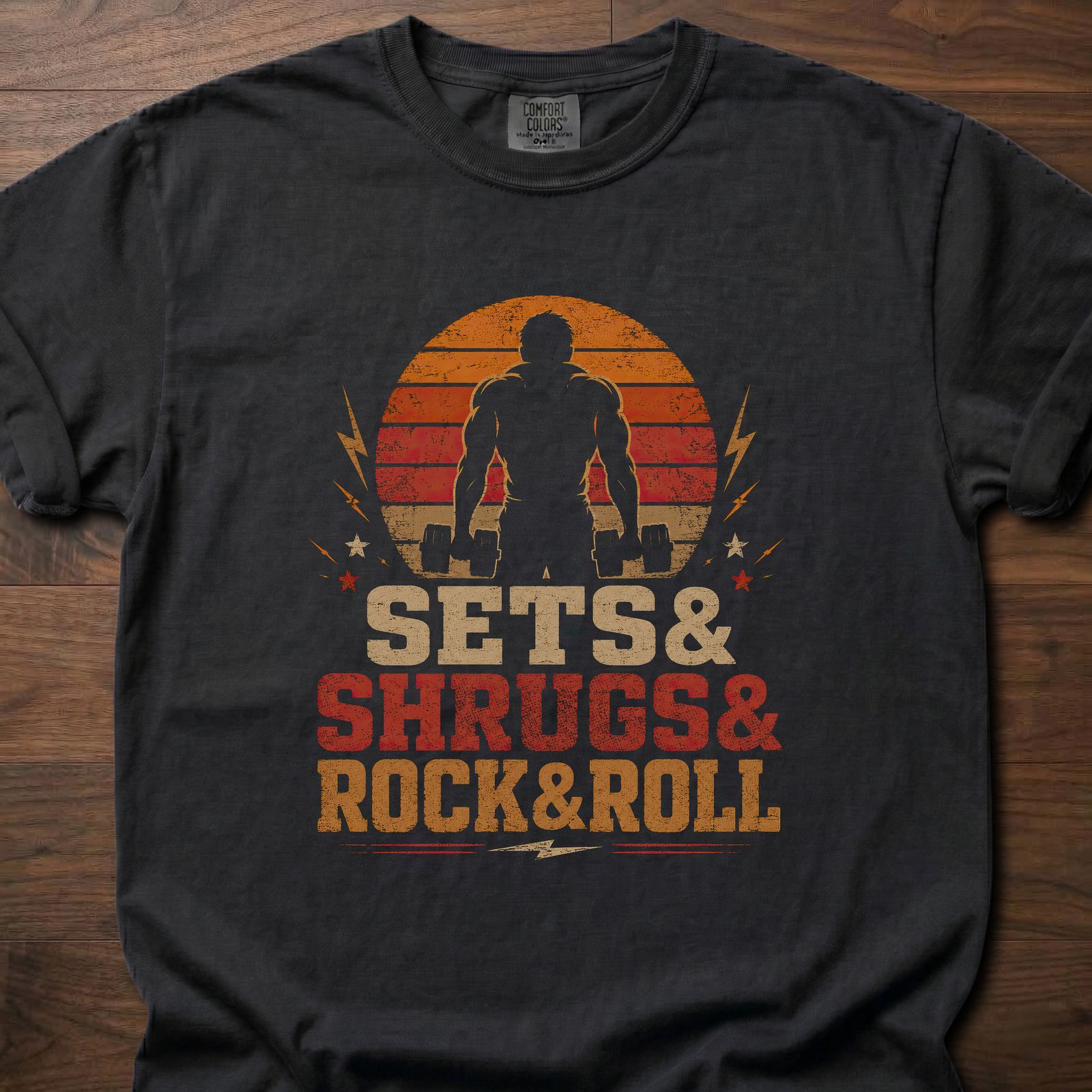 Sets And Shrugs T-Shirt featuring weightlifter silhouette with dumbbells and Rock&Roll text – Black