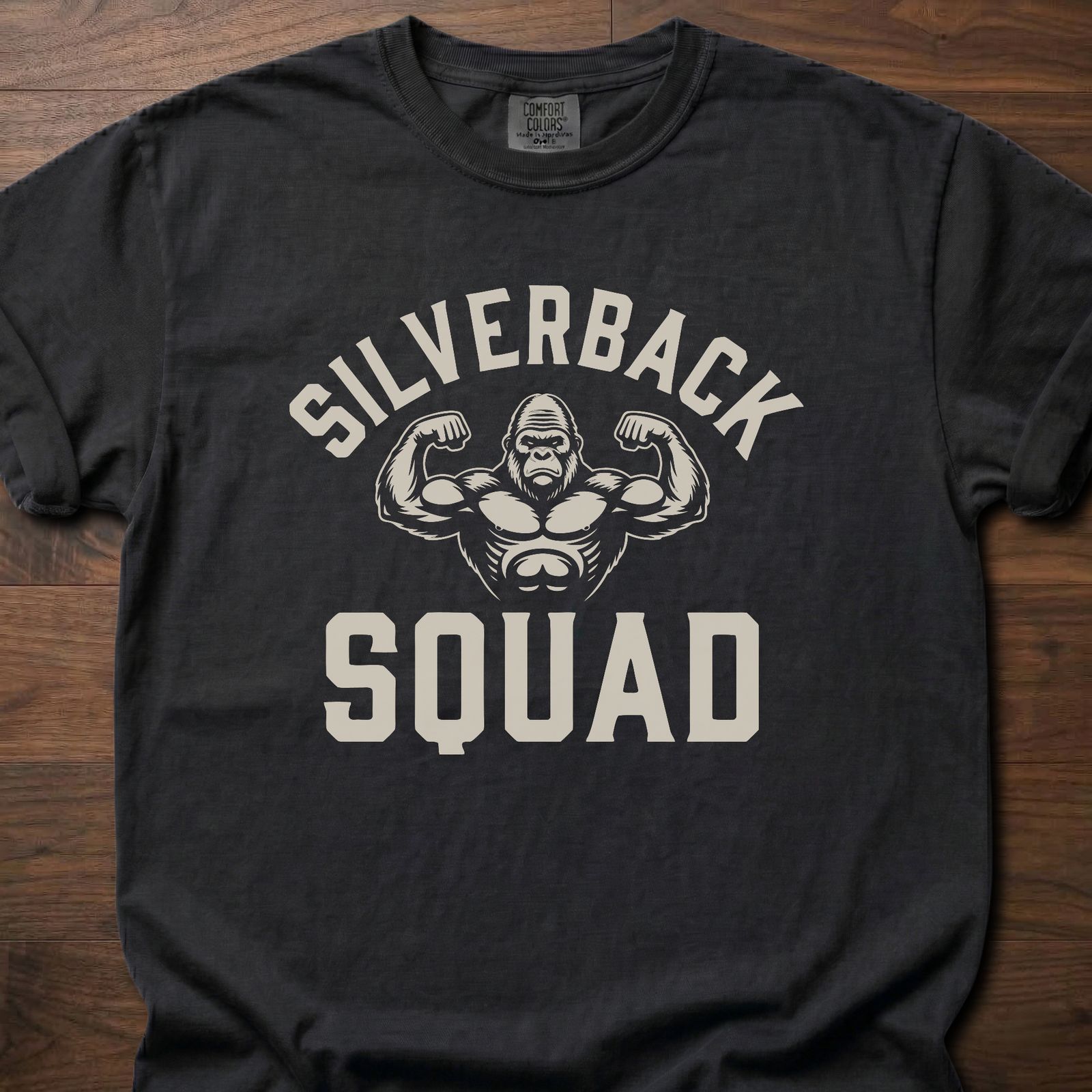 Silverback Squad fitness lifestyle t shirts featuring muscular gorilla flexing design – Black