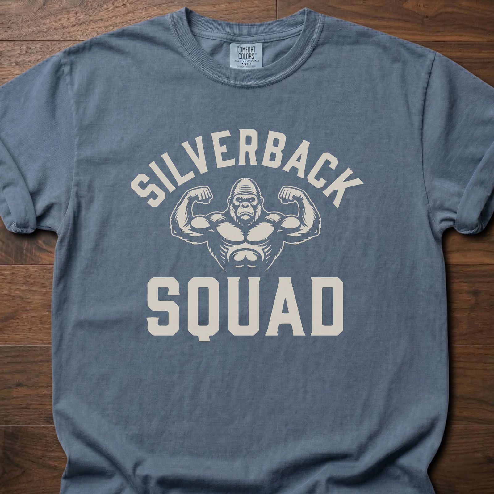 Silverback Squad fitness lifestyle t shirts featuring muscular gorilla flexing design – Blue Jean