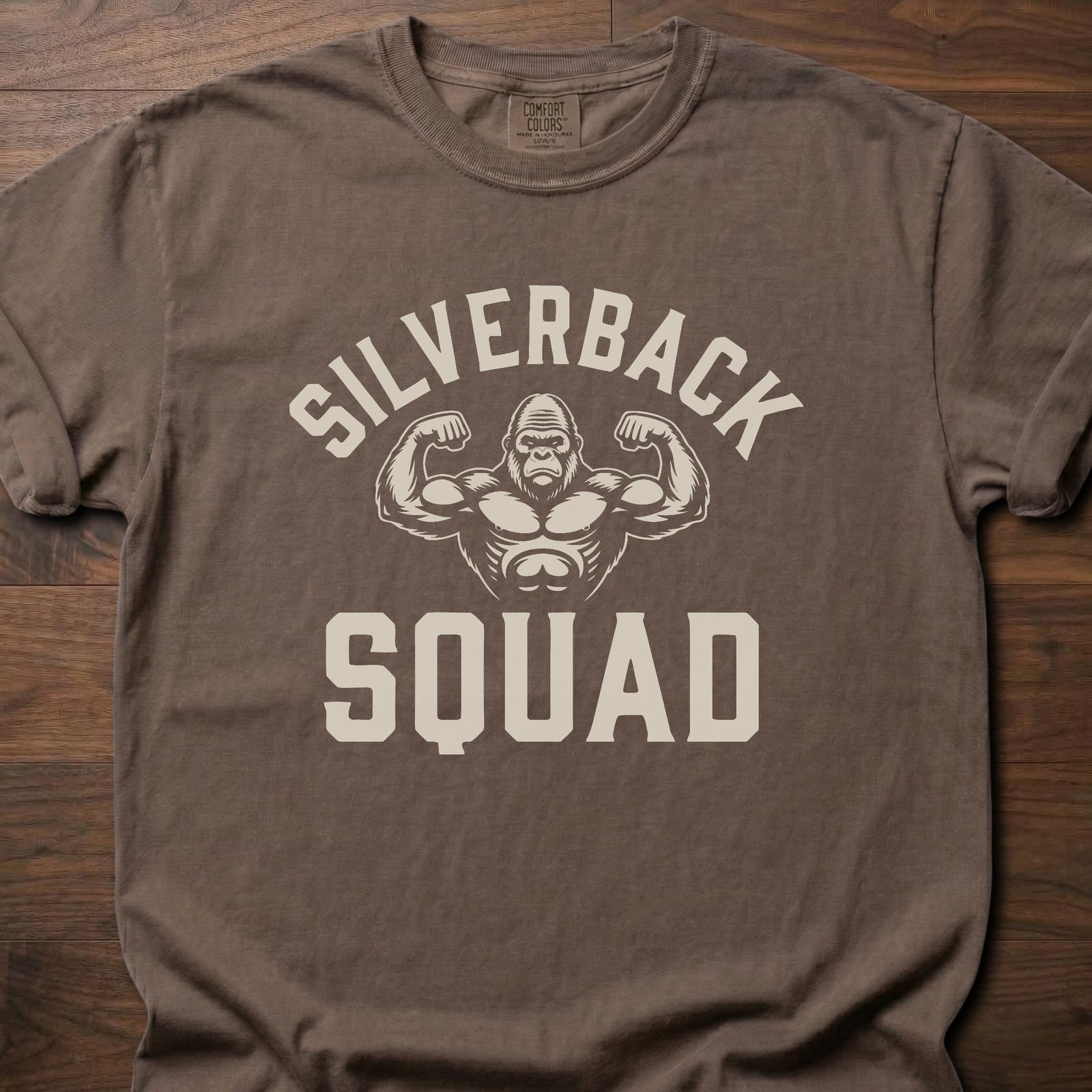 Silverback Squad fitness lifestyle t shirts featuring muscular gorilla flexing design – Espresso