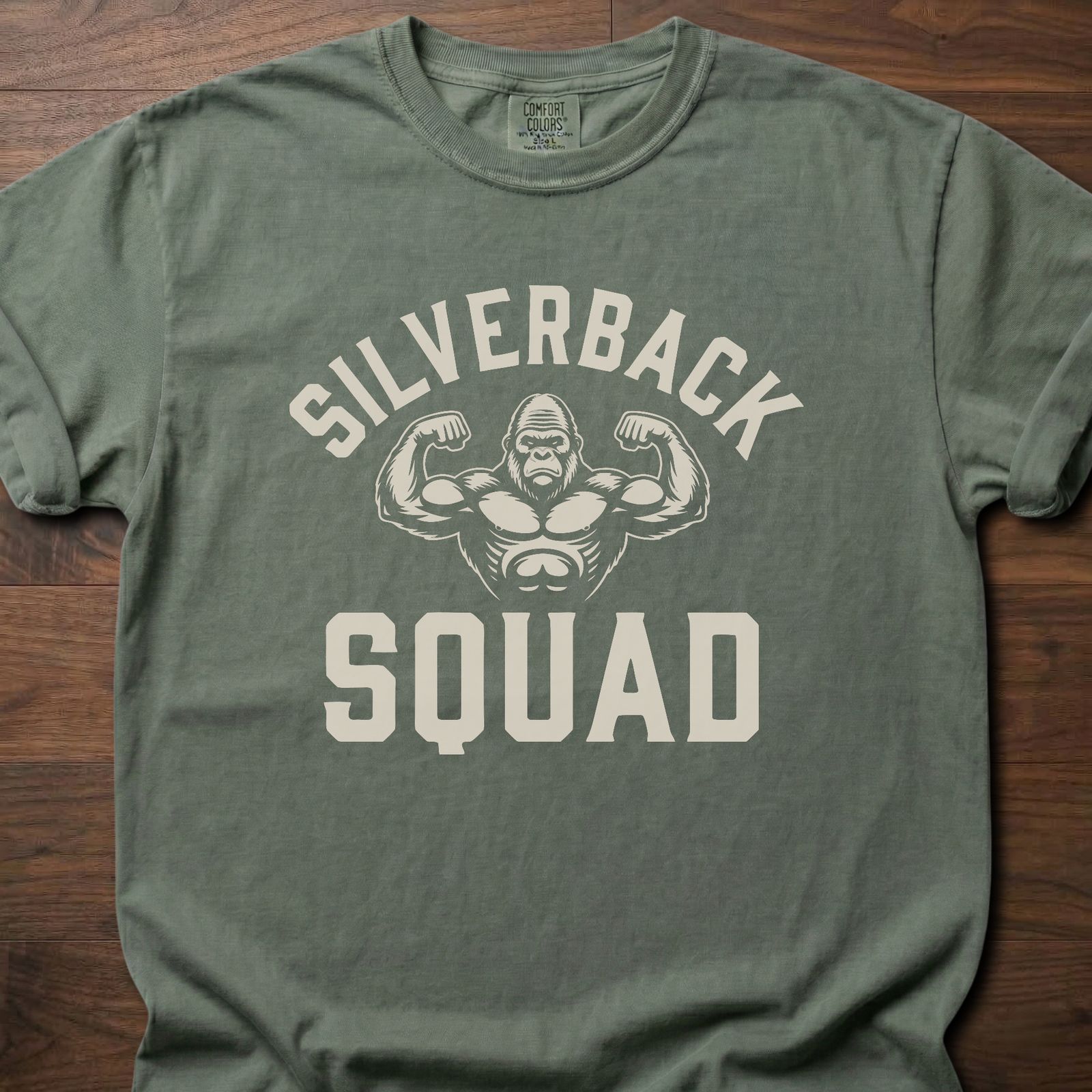 Silverback Squad fitness lifestyle t shirts featuring muscular gorilla flexing design – Moss