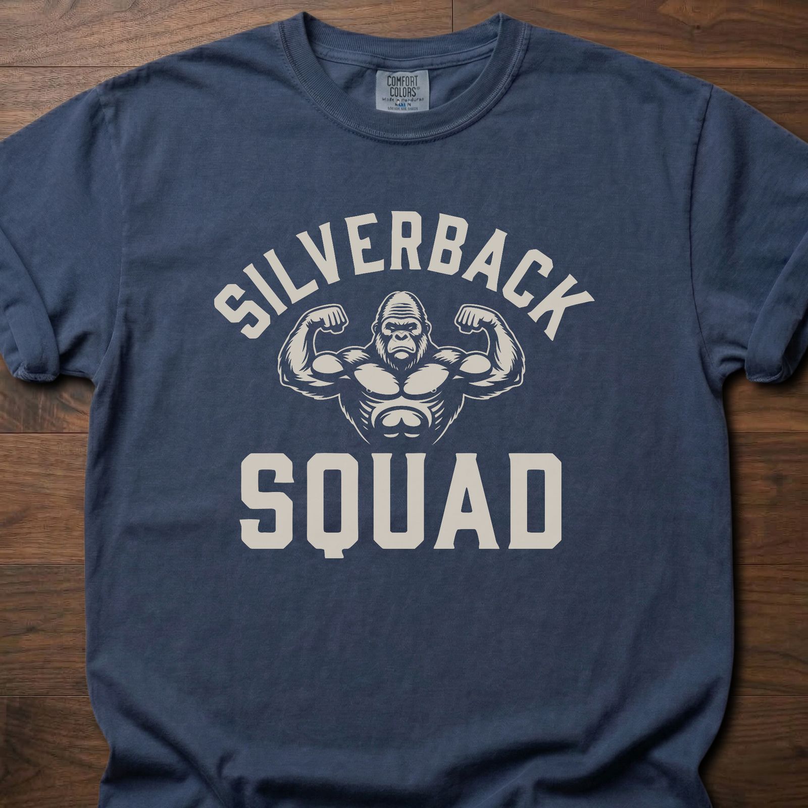 Silverback Squad fitness lifestyle t shirts featuring muscular gorilla flexing design – Navy