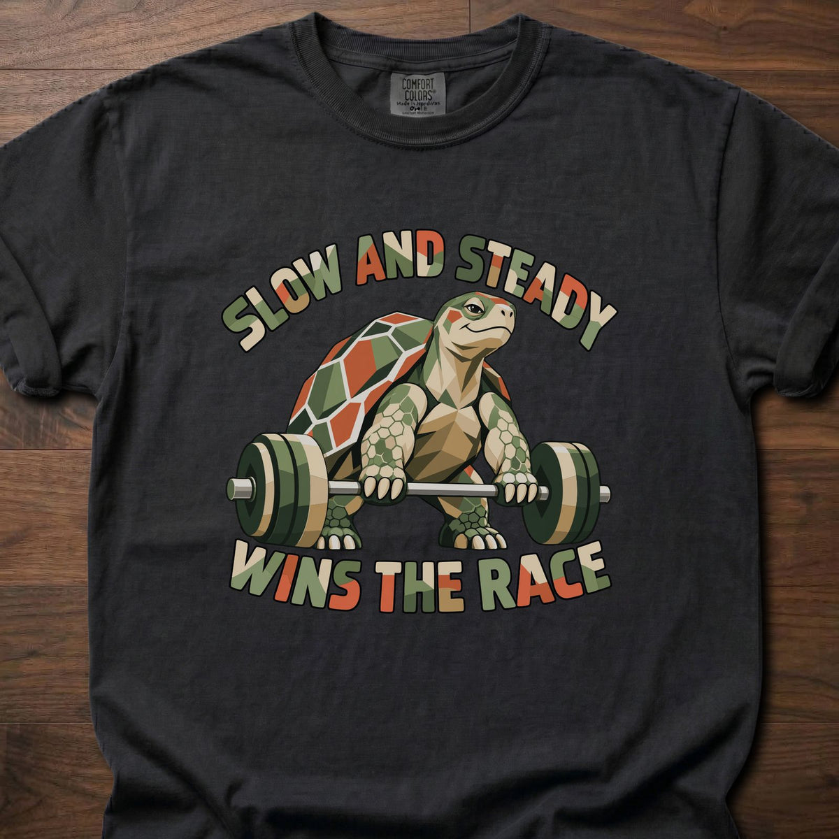Slow And Steady funny gym shirt with retro illustrated character graphic – Black