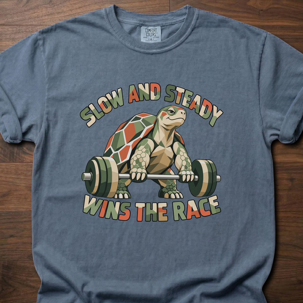 Slow And Steady funny gym shirt with retro illustrated character graphic – Blue Jean