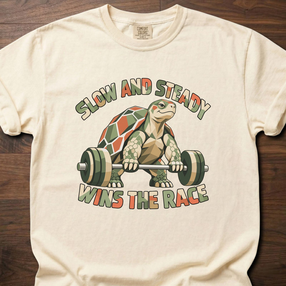Slow And Steady funny gym shirt with retro illustrated character graphic – Ivory
