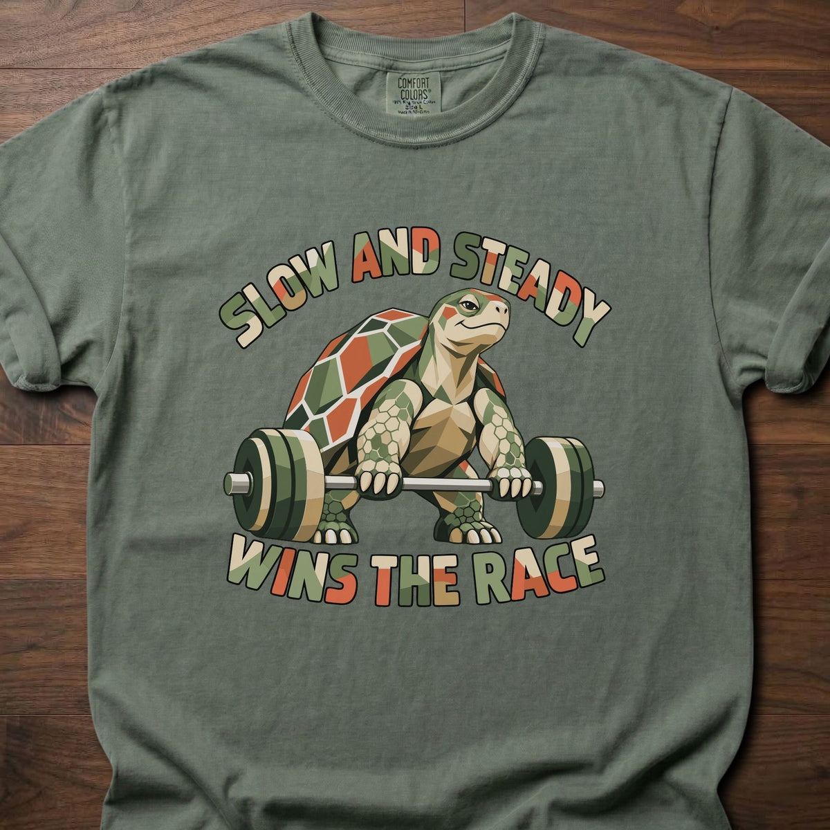 Slow And Steady funny gym shirt with retro illustrated character graphic – Moss