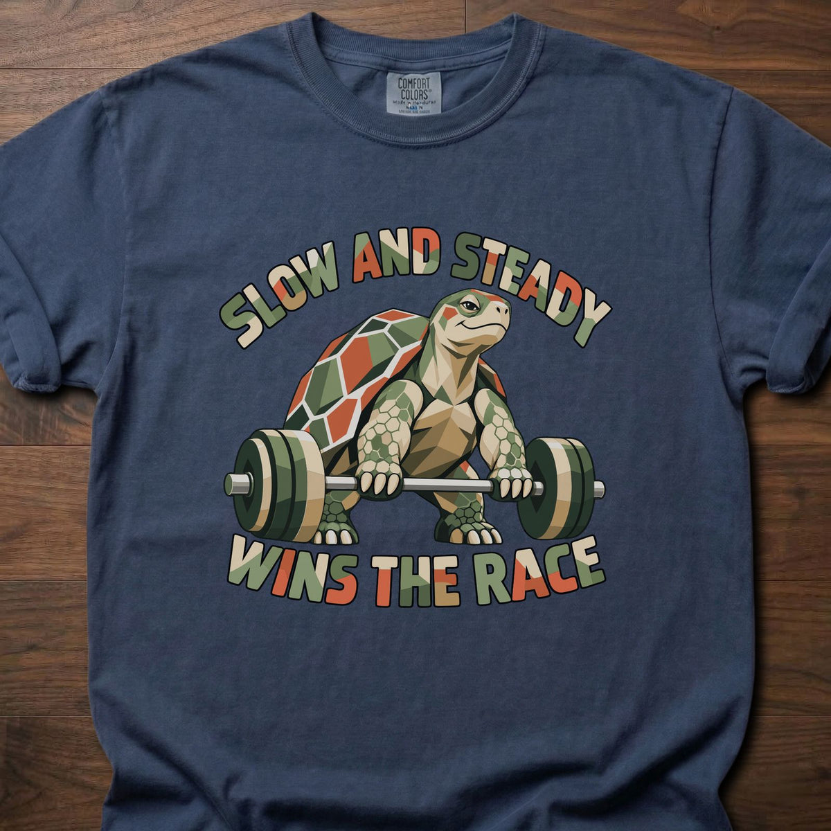 Slow And Steady funny gym shirt with retro illustrated character graphic – Navy