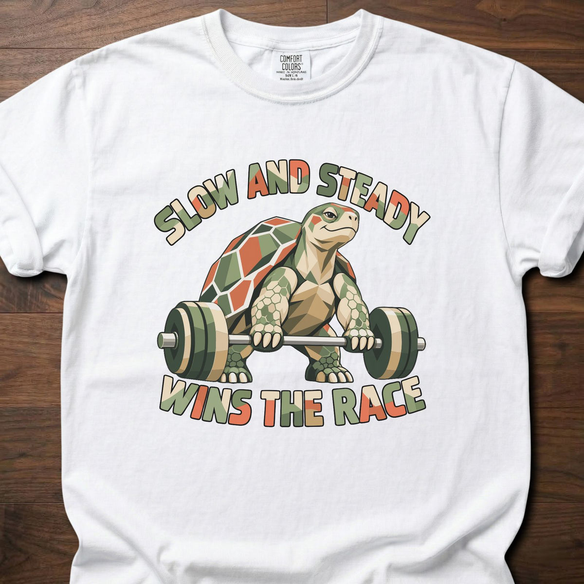Slow And Steady funny gym shirt with retro illustrated character graphic – White