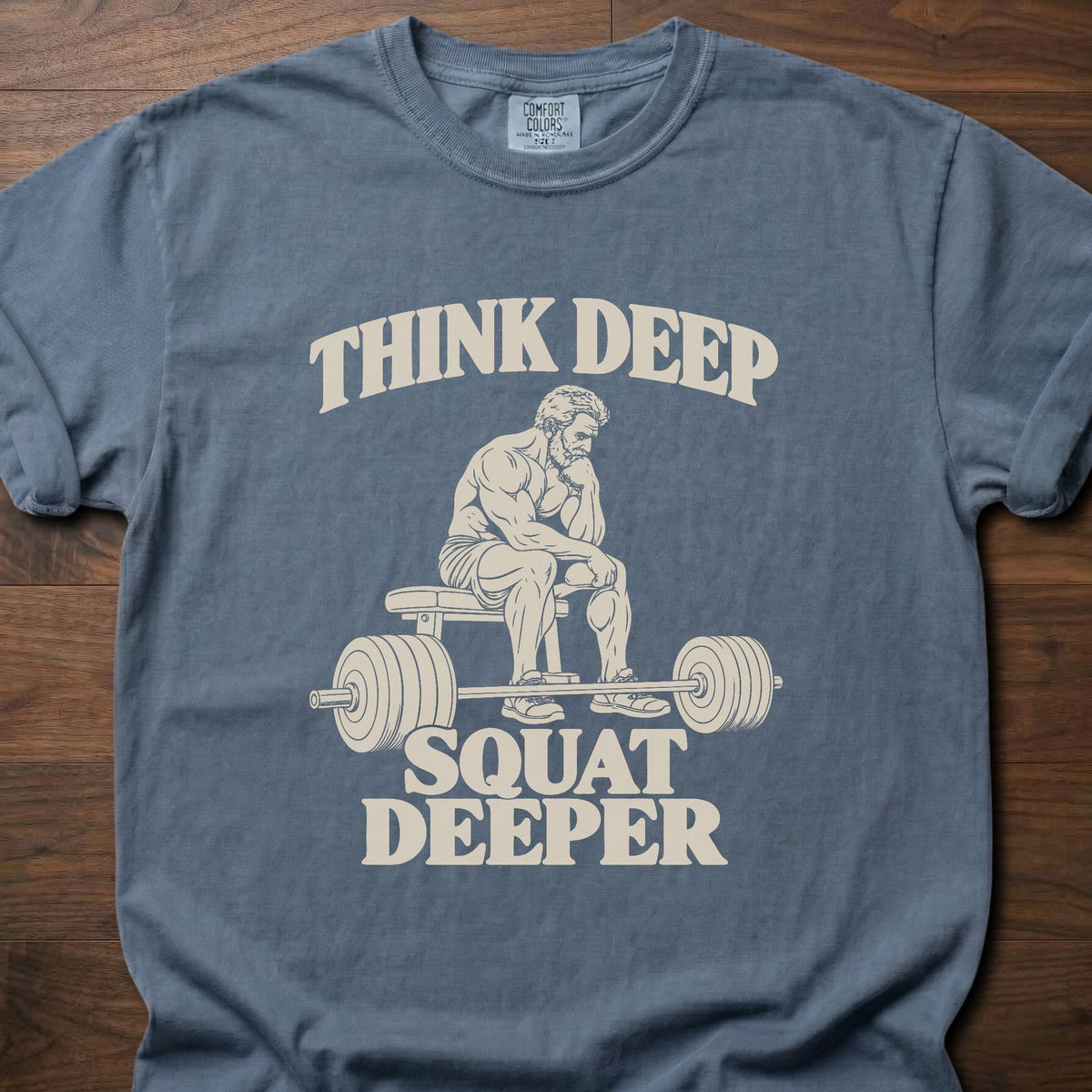 Squat Deeper funny gym shirt with vintage-style bold typographic illustration – Blue Jean