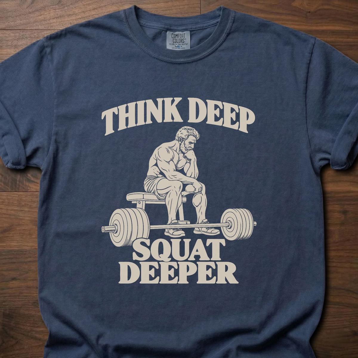 Squat Deeper funny gym shirt with vintage-style bold typographic illustration – Navy