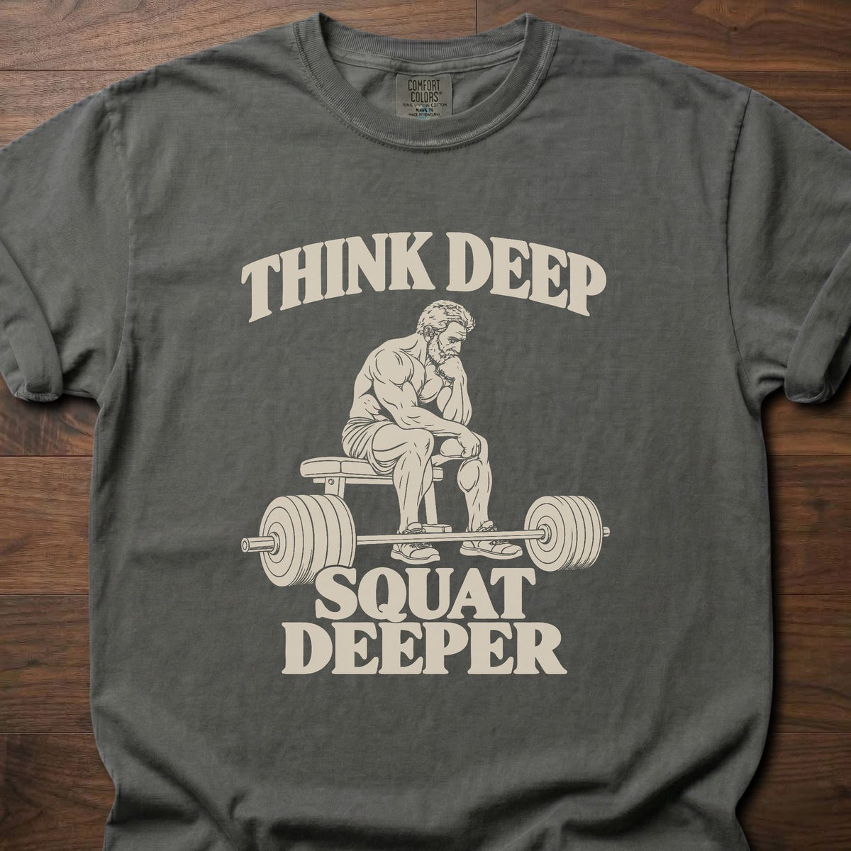 Squat Deeper funny gym shirt with vintage-style bold typographic illustration – Pepper