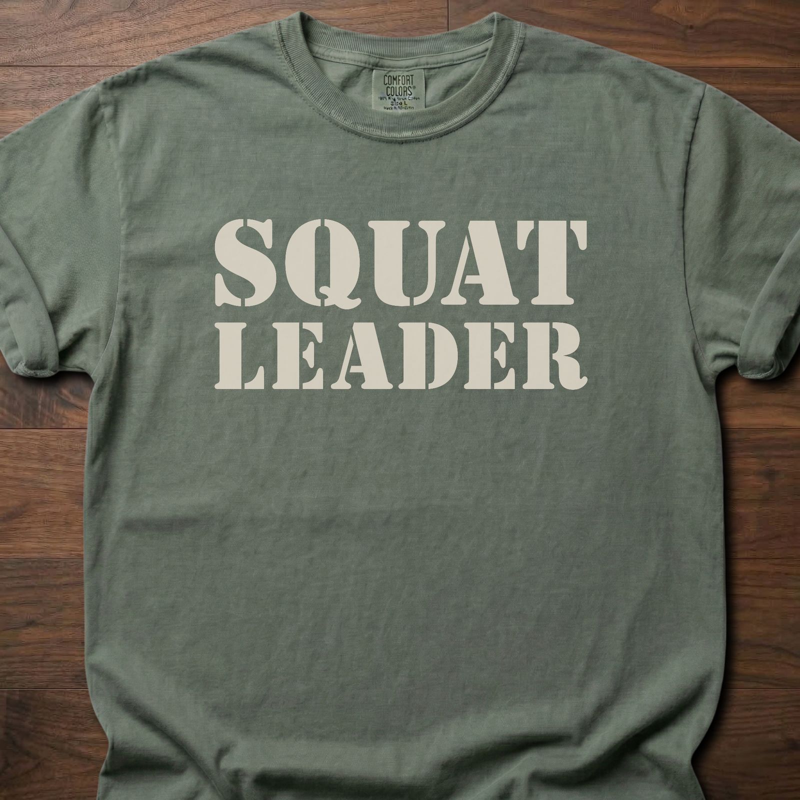 Squat Leader strength training t-shirt with bold stencil lettering design – Moss