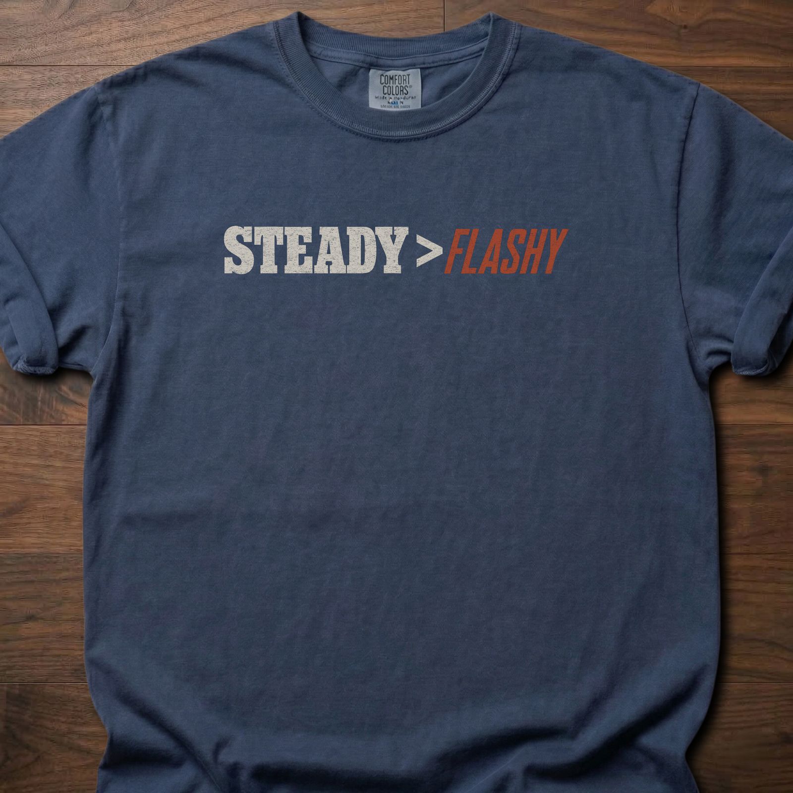 Steady Beats Flashy strength training lifestyle t-shirt with bold STEADY greater than FLASHY text – Navy