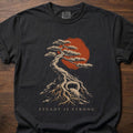 Steady Is Strong strength training lifestyle shirt with bonsai tree, red sun, and kettlebell roots – Black